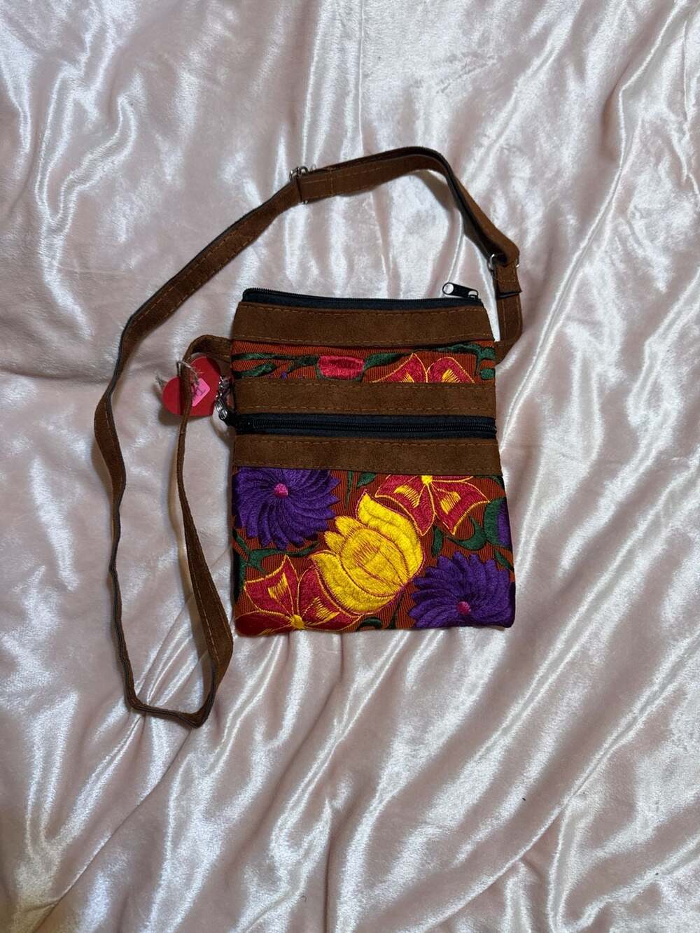Handmade Mexican Floral Embroidered Suede Crossbody Bag with Worry Doll Keychain